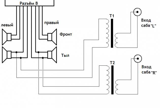 Схема подключения активного саба к ММС, вариант 2